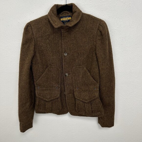 Ralph Lauren Rugby Fitted Tweed Blazer Sz 4 Brown Herringbone Equestrian Celine - Picture 2 of 12